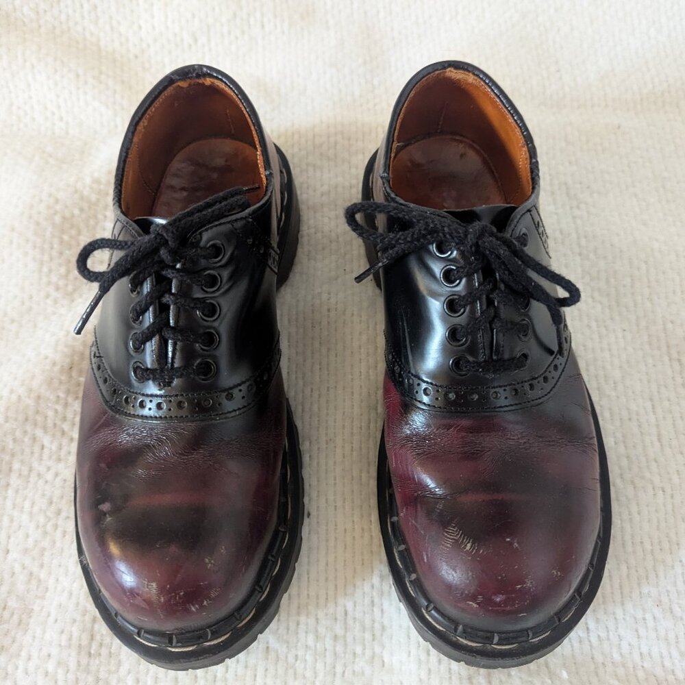 White Shoe Company burgundy and black saddle shoes, steel toes, Gripfast soles